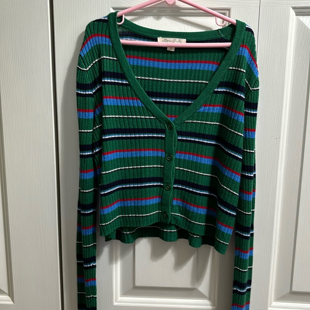 Ultra Flirt crop top XS green striped cardigan shirt. Ribbed. Lovingly used